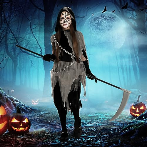 PATRICHOR Deguisement Halloween Faucheuse Fille, Déguisement Halloween avec Faucille Chaîne à la Taille Costume Faucheuse Cape Noire Halloween à Capuchon pour Carnaval Fête de Cosplay