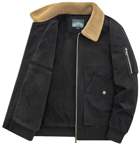 Men's Faux Fur Collar Bomber Jacket Casual Button Military Cargo Jackets Sherpa Fleece Lined Trucker Coats, Black, Medium