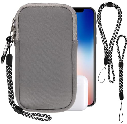 Pwsap Phone Sock, Universal Shock & Impact Resistant Neoprene Pouch with Carabiner and Lanyard Strap Sleeve Case for Hiking & Travelling Phone Bag Fits Phones up to 7 Inches, Light Gray, M