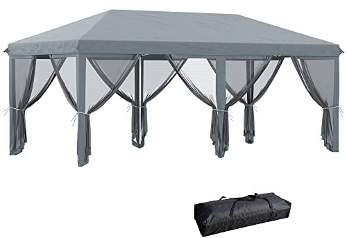 Outsunny Tonnelle Pliante tonnelle de Jardin extérieure Barnum Pliant Pop-up pavillon de terrasse 6 x 3 m Anti-UV moustiquaires Amovibles + Sac de Transport Gris