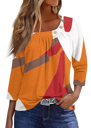 Chemisier pour Femme 2026 Été Chemise Décontractée avec col Rond Manche 3/4 Imprimé Blouse Chic Et Elegant Bouton Hauts
