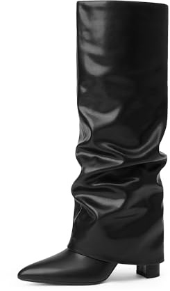 Modatope Black Slouchy Boots for Women Knee High Boots Zipper Fold Over Boots Pointed Toe Chunky Heeled Knee High Boots Tall Boots Size 8