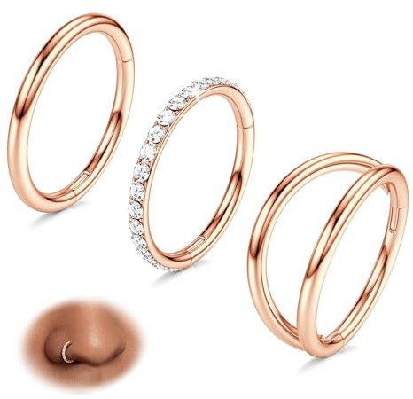BodyBonita 3 Stück Nasenpiercing – 316L Edelstahl Doppelt Reifen Nasenring 16G CZ Septum Piercing Helix Conch Tragus Daith Ohrring lippenpiercing Schmuck Hypoallergen Frauen Männer Roségold 8mm