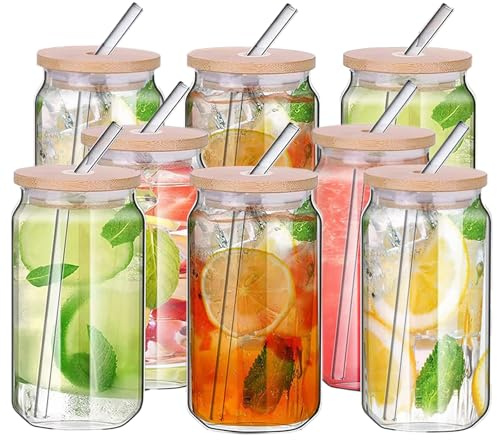 Hniuyun Juego de vasos de vidrio con forma de lata de 480 ml, vasos con tapas de bambú y popote de vidrio, vasos de cerveza, vasos de café helado, vasos transparentes y bonitos, ideales para cócteles,