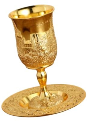 KESOTO Goblet with Saucer Kiddush Cup with Saucer Wine Glass Judaica Gift Handcraft Elijah Cup Goblet Cup for Wedding Anniversary, gold