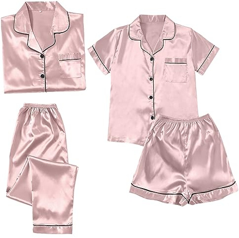 Ensemble Pyjama Femme Sexy,Chemise De Nuit Femme Satin VêTements D'IntéRieur Chic Et Elegant Quatre PièCes Soie GlacéE Fine Imitation Soie Manches Longues Et Courtes