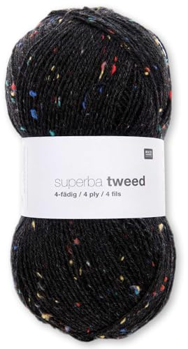 Frida's Wollhaus Rico Design 100 g superba tweed 4-fädig Sockenwolle Lana Filato per lavorare a maglia e uncinetto 8 colori (008 | Nero)