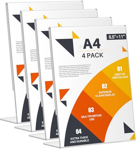 WenYa A4 Acrylic Sign Holder (4 Pack) - Slant Back Clear Tabletop Display Stand for Menus, Posters, Signage | L-Shape Countertop Frame for Office, Restaurant, Retail