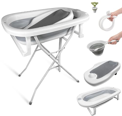 Bañera Bebe con Patas. Bañera Plegable Bebé con Silla Baño portatil Bañeras para Bebes Plegables con Soporte Metalico Antideslizante Tubo de Desagüe y Aclarador para Bebe