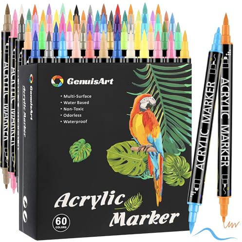 Sanweyter Pennarelli Acrilici,60 Colore Pennarelli Acrilici a Doppia Punta, resistenti all'acqua per pittura su roccia, tessuto, metallo, vetro, legno, tela,plastica, non tossico e inodore (60)