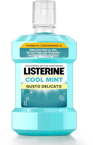 LISTERINE Cool Mint, Collutorio 0% alcol al gusto Menta a base di Oli Essenziali Antibatterici di Menta, Timo, Betulla, Collutorio Listerine senza alcool per un'igiene orale completa, 1 L
