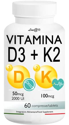 VITAMINA D3 + K2 Line@diet | 60 compresse per 2 MESI | 2000 U.I. di vitamina D3 + 100mcg di vitamina K2