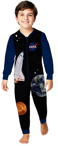 United Labels NASA Jumpsuit für Jungen, Blau Schwarz, 110-116, Fleece Overall Langarm, Einteiler Schlafanzug, Kuschelanzug für Kinder