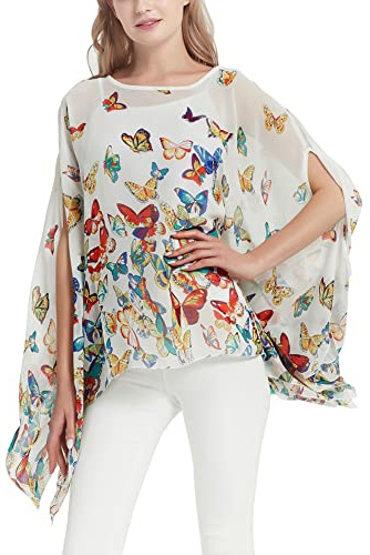 CuteSwan Womens Lagenlook Kaftan Batwing Sleeve Chiffon Blouse Bohemia Loose Floral Blouses Tunic