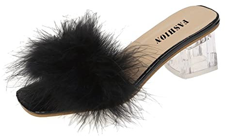 LOIJMK Sandalen Damen Mit Absatz, Plüsch Dekoration High Heels Sandaletten Hausschuhe Damen Offener Zeh High Heel Pumps Slippers Quadratisch Sandalen Pumps Damen Pantoffel Modern Damenschuhe