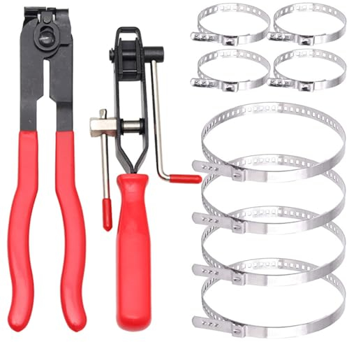 BIGP Lot de 10 Pinces et Colliers de Serrage, Pince Colliers Cardan, Comprend 2 Outils, 8 Bandes de Sertissage, Convient à Plupart Kits d'Outils de Sertissage Automobile