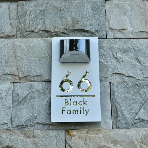 Targhetta personalizzata con numero di porta con luce solare tagliata al laser numero indirizzo targa,personalizzato nome strada esterna LED cartello casa moderno bianco per casa ufficio hotel (oro