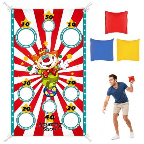 WUERKIYA Banner per Gioco di Lancio del Clown di Carnevale con 3 Sacchetti di Fagioli - Decorazioni e attività per Feste di Circo per Adulti - Ideale per Festival (140 * 80 cm)
