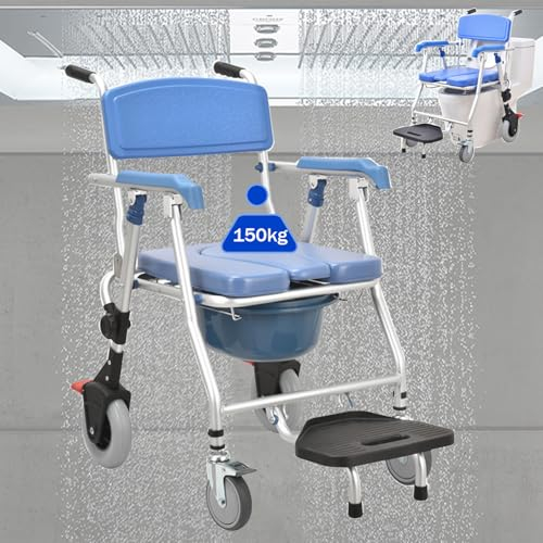 toilettenstuhl mit rollen 150kg Klappbar, 3 In 1 Fahrbarer DuschStuhl Wc Stuhl mit Rollen und Bettpfanne, Drinnen Duschstuhl für Senioren Schwangere