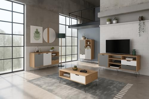 MOMMA HOME Conjunto Completo de Salon y Comedor, Modelo Estocolmo, Acabado Roble, Blanco y Gris, Aparador + Mueble TV + Mesa de Centro + Aparador Alto Botellero