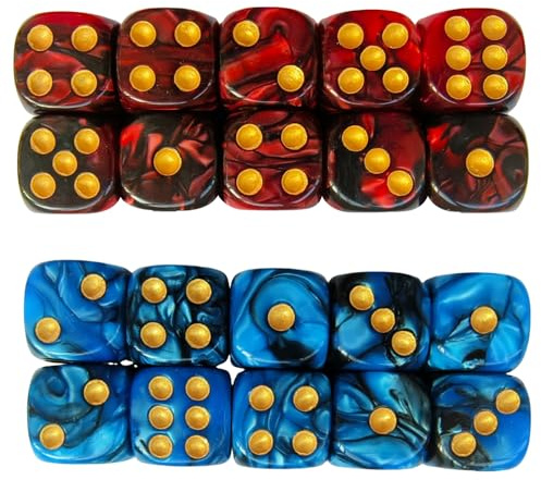 20 Pcs D6 Dice Set, 6-Sided Acrylic Dice, 16mm Polyhedral Colored Dice for Board Games, Math Learning, and Dice Games (Black-Red, Black-Blue)