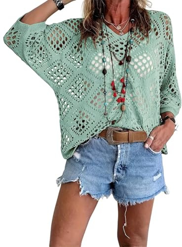 Allimy - Jersey de crochet de manga larga para mujer, top de verano, sexy, como salida de playa, para cruceros, colección 2026