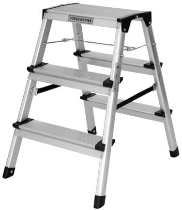 Escalera Plegable de Doble Cara, Plataforma de Aluminio Resistente, Capacidad de 150 kg, Multiusos, para Uso en Interiores y Exteriores, TOUGH MASTER (3 escalones)