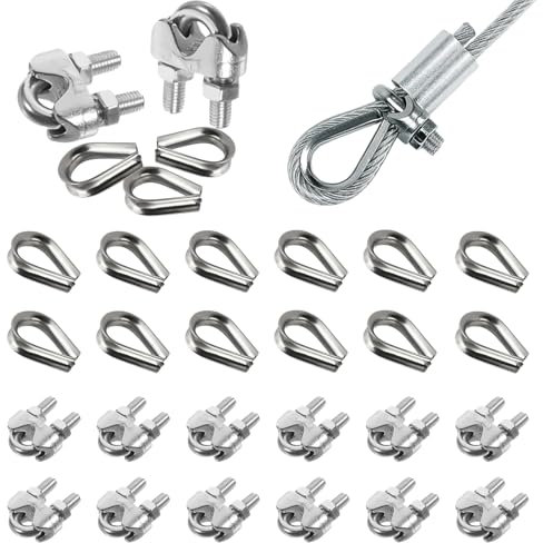 Prmape 24 Piezas Abrazaderas de Cable 2mm, 12pcs Abrazadera de Cuerda de Alambre+12pcs Dedal de Cuerda de Alambre, Tensor Cable Acero M2 para Cable de Cuerda 2mm