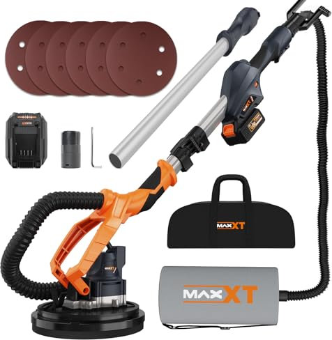 MAXXT Lijadora de pared 20V sin escobillas: Sistema de auto-aspiración, Control de velocidad continuo (600-1200 RPM), Disco de 225 mm, Plegable (extensible 110-165 cm), Para paredes y techos
