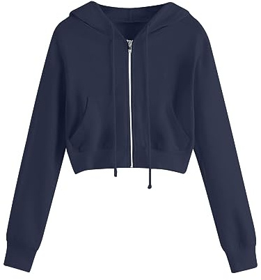 Generisch Sweatjacke Damen Bauchfrei Kapuzenpullover Casual Kurz Sweatshirt mit Kapuze Hoodie Langarm Full-Zip Kapuzenjacke Einfarbig Cropped Jacke Fleece Pullover Herbst Winter Übergangsjacke