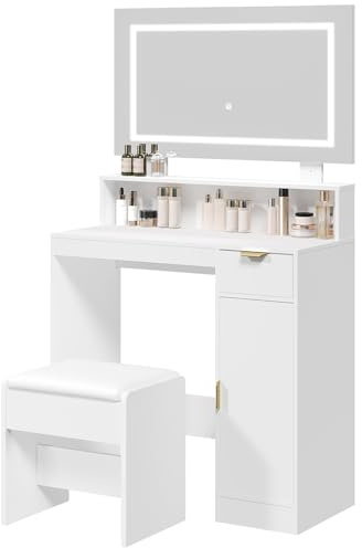 MAHANCRIS Schminktisch mit Beleuchtung, Frisiertisch mit Hocker, Einstellbare Helligkeit, 3 Farben, Kosmetiktisch mit Schublade, Schrank, Verstellbarem Regal, 80 x 35 x 141 cm, Moderner,Weiß AVTWT8401