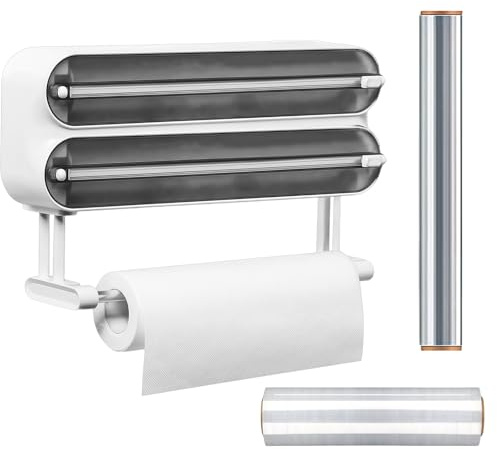 Portarrollos de pared para cocina, cortador de láminas de aluminio magnético con dispensador de lámina mejorada, cortador con film transparente y lámina de aluminio