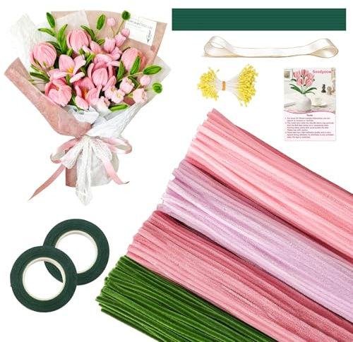 Soodyoow Set de 400 Limpiapipas para Manualidades, Limpia Pipas Multicolor, Kit Completo Flores Tulipanes DIY con Todos Accesorios, Actividad Relajante y Decoración del Hogar