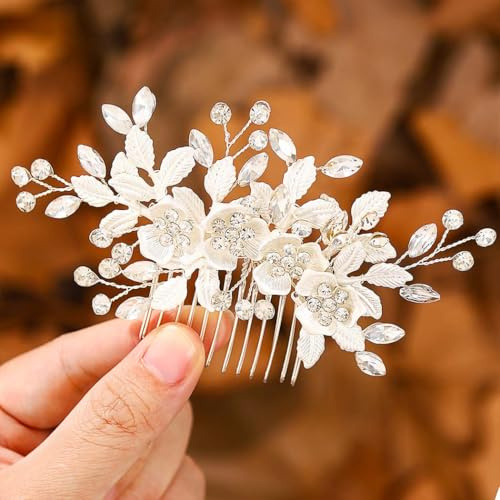 IYOU Peineta de novia para mujer con flores plateadas Accesorios para el cabello de novia Adornos para el cabello con hojas Adornos con diamantes de imitación para novias y damas de honor