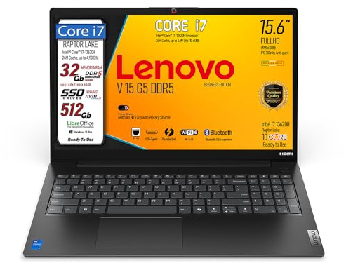 Lenovo, pc portatile Notebook V15 G5, Intel Core i7 13620H,10 Core, Ram DDR5 32 Gb, Display 15,6 IPS FHD, SSD Pci Nvme da 512Gb, Wi-Fi 6, Bt, USB Type-C, Lan Rj45, WebCam FHD, Pronto all'Uso