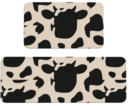 Black and White Cow Print Kitchen Rugs Set of 2, Cushioned Anti-Fatigue Kitchen Mats for Floor, Waterproof Comfort Standing Mat Absorbent Velvet Kitchen Runner Rugs 17x30+17x47