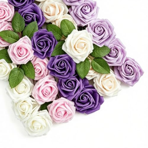30 Piezas Rosas Artificiales Blanco y Morado Rosas Flores Espuma con Tallo