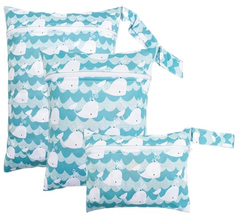 Tapufitil Set da 3 Wetbags Blu Balena Design, Borse Impermeabili per Pannolini e Indumenti bagnati per Neonati e Asilo, Wetbag Portatile per Viaggio con Dolce Motivo Balena