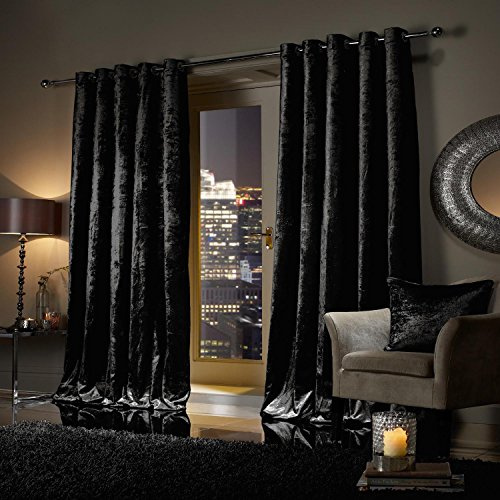 viceroy bedding Pair of Heavy Crushed Velvet Curtains EYELET RING TOP Fully Lined Curtains Jet Black 46 Width x 72 Depth