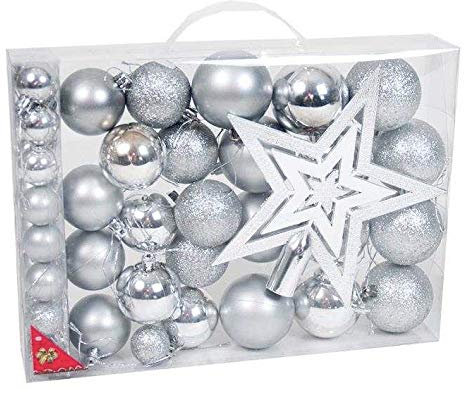 TIENDA EURASIA® Bolas de Navidad - Pack de 42 Adornos Navideños para el Árbol de Navidad Surtidos - Incluye 42 Bolas de Navidad + 1 Estrella (Plata)