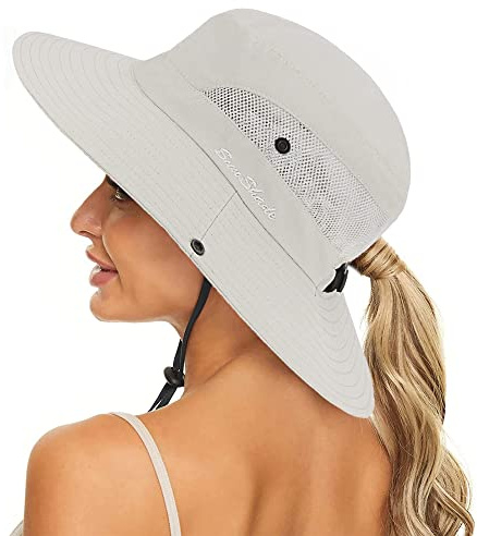 INOGIH Cappello da Sole Donna a Tesa Larga - Protezione UV Cappelli Pescatore Secchio Escursionismo All'aperto Cappello con Foro per Coda di Cavallo