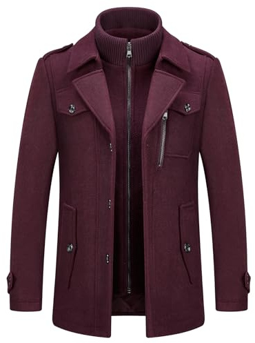 KUDORO Herrullrockar kort vinter vadderad trenchcoat för vardagliga affärer ytterkläder tjock ullblandning peg med avtagbar inre krage, Vinröd-1, M