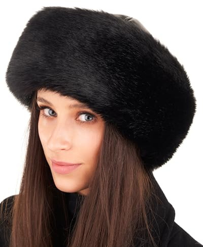 Futrzane Siberian Toque - Chapka Femme Cuir avec Fourrure - Chic Bonnet Hiver (M, Noir - Noir Siberian)