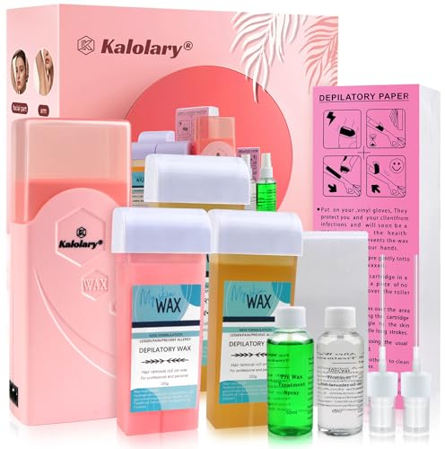 Kalolary Roll On Wachsgerät Set, Wachsrollen kit für Haarentfernung tragbares Heimwachs-Kit mit Wachswärmer, 2 Honig und 1 Rose Soft Wachs Patrone