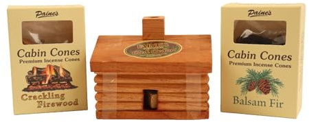 Gift Set Large Log Cabin Red Cedar Incense Burner with 10 Incense Cones Plus 25 Balsam fir Cones and 25 Crackling Firewood Cones USA Made
