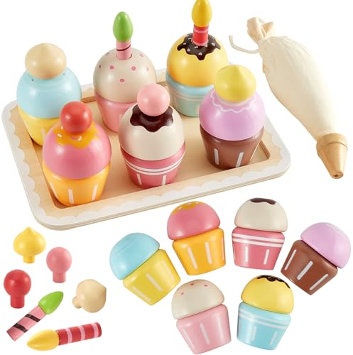 HERSITY Cupcake Spielzeug Torten, Holzspielzeug Küche Gebäck Kinderküche mit Palette, Rollenspiele Kinder Geburtstagsgeschenk für Mädchen 3 4 5 Jahren