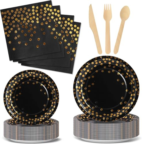 Nkaiso Anniversaire Vaisselle de Fete 144 Pièces Noir Or Party Assiette Anniversaire Set Comprendre Papier Assiette Couverts Serviettesr pour Party Decoration Baby Shower -24 Invités