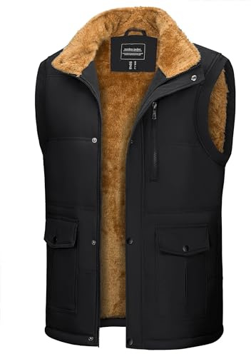 CRYSULLY Mens Winter Vests Outerwear Warm Padded Puffer Vest Thick Fleece Lined Sleeveless Jakcet Outdoor Quilted Sherpa Vest Black XL