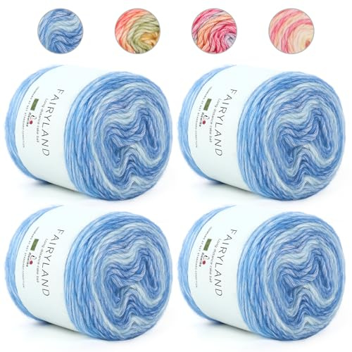 Aeelike Ombre Yarn Blue - 4 x 100g of Gradient Yarn Cake for Crochet - 60% Cotton 30% Acrylic 10% Wool - Beautiful Ombre Knitting Yarn Wool for Knitting Hat, Star Blanket, Shawl