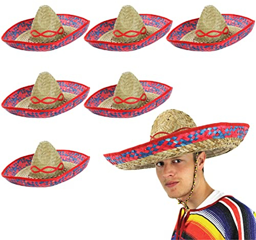 6-pack röd mexikansk sombrero – vuxna, män, kvinnors röda halmsombreros – perfekt för Mexiko/Cinco De Mayo temafester och maskeradklänning